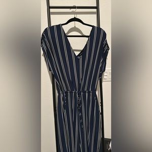 Express navy blue striped jumpsuit in stretchy material